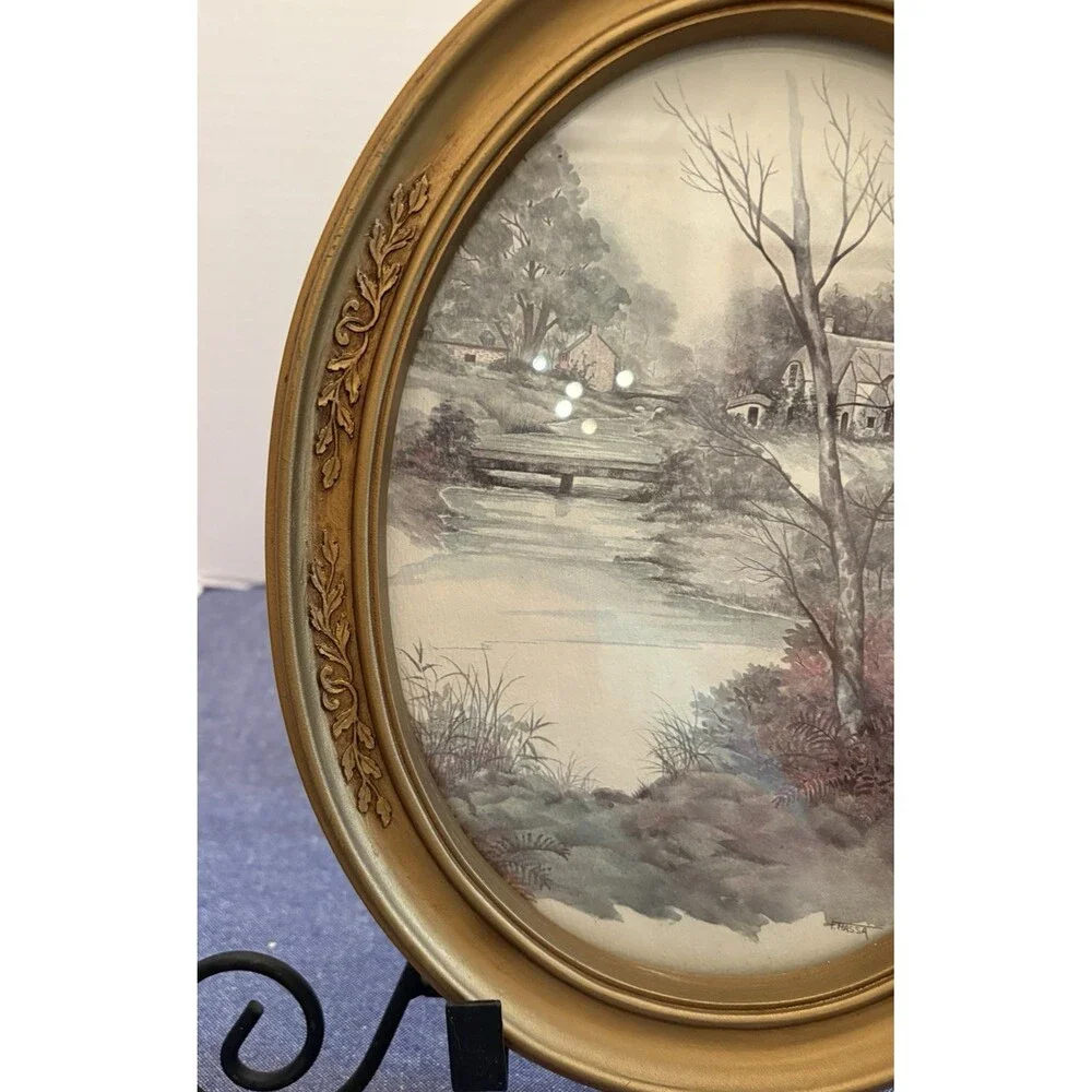 Two Vintage HomCo Gold Tone Oval Framed Prints by Artist F. Massa